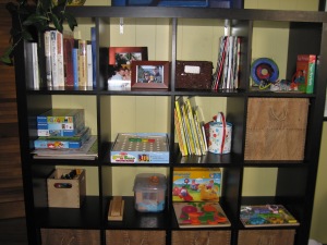 Ikea bookshelves storing toys
